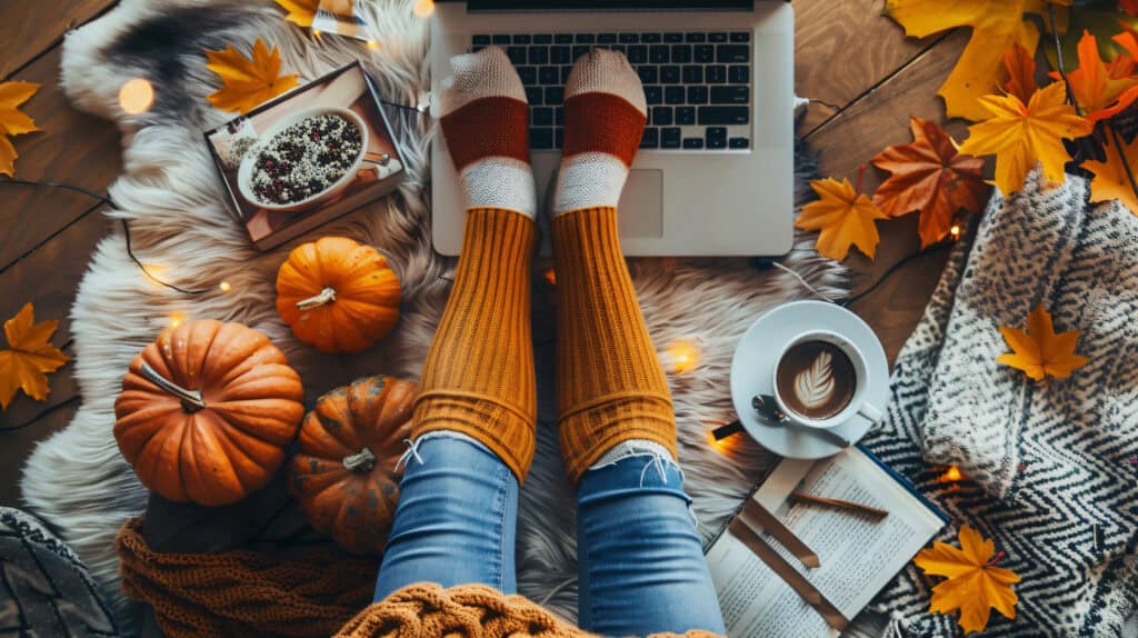 Autumn scene with a laptop, pumpkins and someone's feet with warm cosy socks