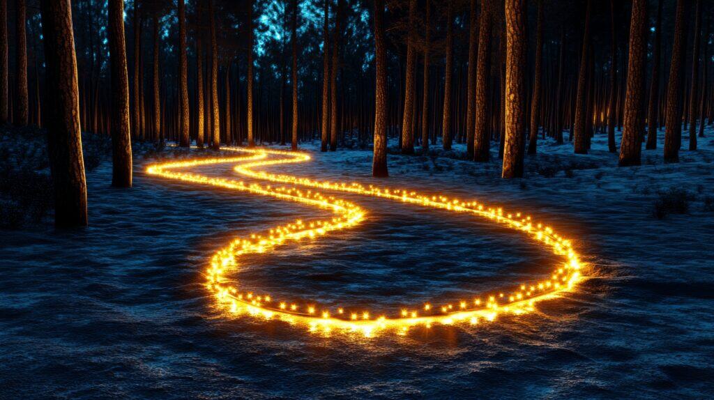 Glowing path through winter forest